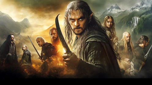 Fantasy warriors stand armed in a rugged mountainous landscape