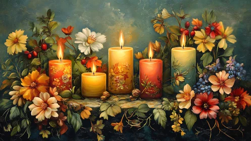 Illuminated Floral Arrangement. Decorative Candles Surrounded by Blooms.