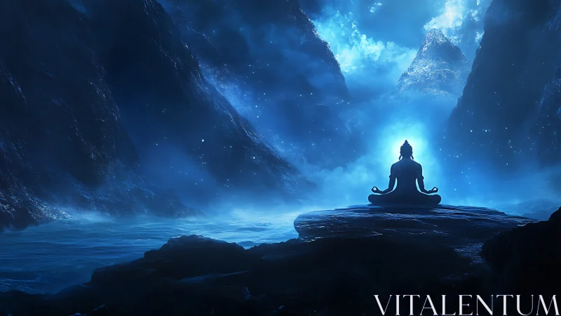 Meditating figure glows in luminous blue cosmic canyon night.