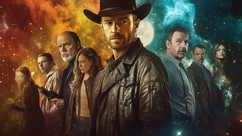 Dual-cosmos leather-clad ensemble in space-western standoff.