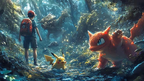 Pokemon trainer confronts fiery creature in luminous forest