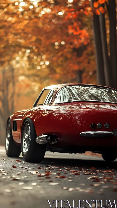 Red classic coupe idles on leaf strewn autumn road