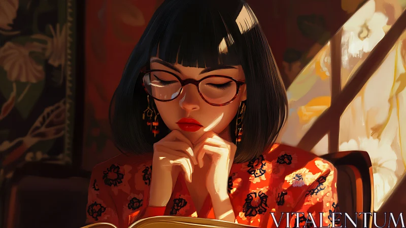 Woman with glasses reading in warm interior light setting.