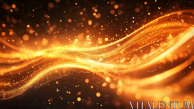 Digital lightwave stream with golden particle bokeh flow.