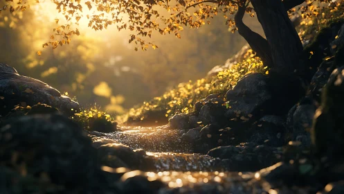 Golden hour forest stream with backlit foliage and wet rocks