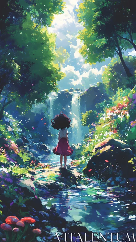 Anime forest waterfall with girl standing in stream.