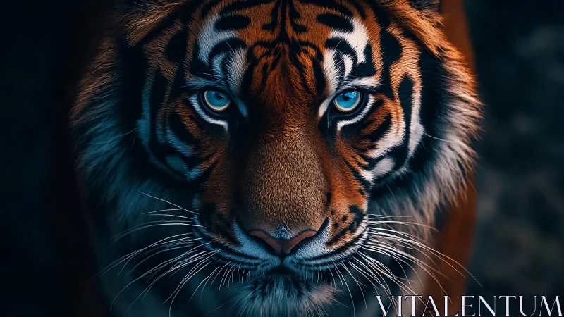 Intense blue-eyed tiger stares through shadow and cool light