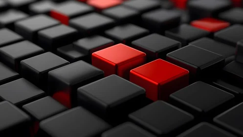 Red cubic modules punctuate a grid of glossy black blocks