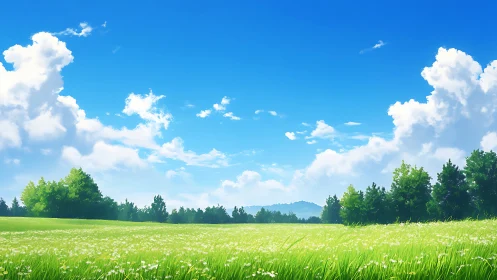 Sunlit meadow under bright blue skies and drifting clouds.