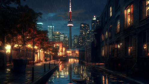 Digital painting of rainy urban alley with glowing skyline reflections.