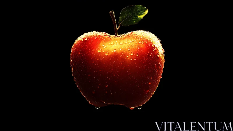 Red apple with water droplets on black background.
