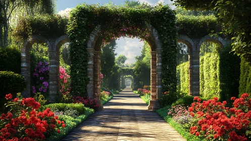 Sunlit garden arches frame a tranquil flower-lined pathway.