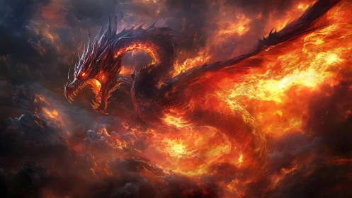 Infernal serpentine dragon erupts from storm-lit volcanic skies