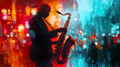 Silhouette saxophonist against abstract city lights at night.