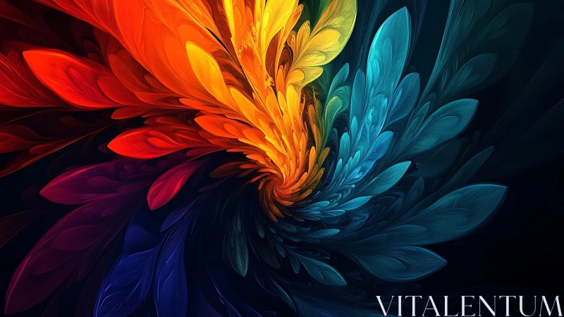 Chromatic feather vortex swirling in luminous midnight bloom.