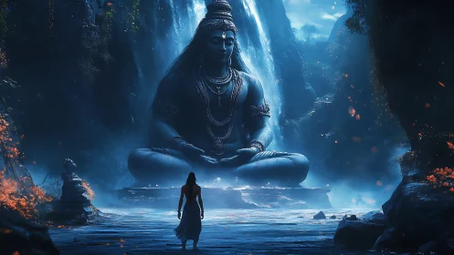 Colossal blue deity statue in misted canyon environment.