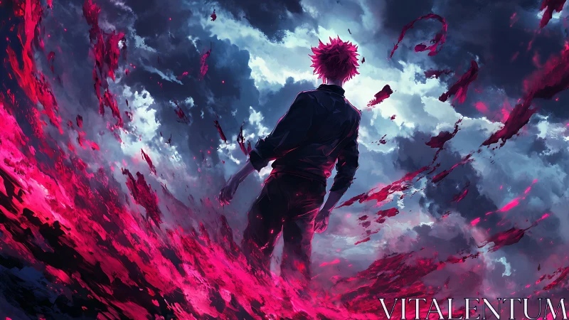 Solitary figure commands crimson energy under storm sky