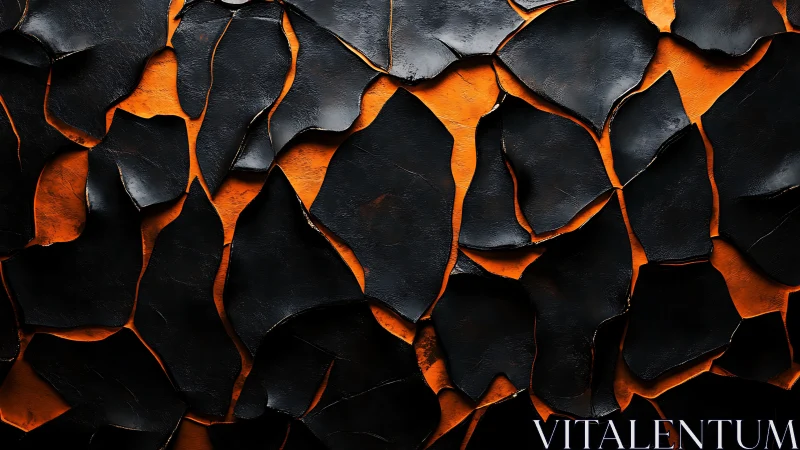Charred black shards expose molten orange abstract ground.