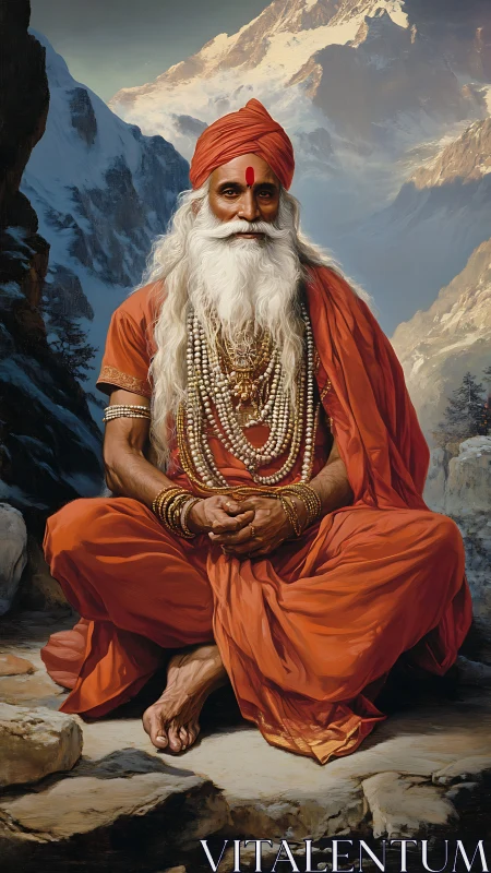 Seated elder in orange robes is positioned before snowy peaks