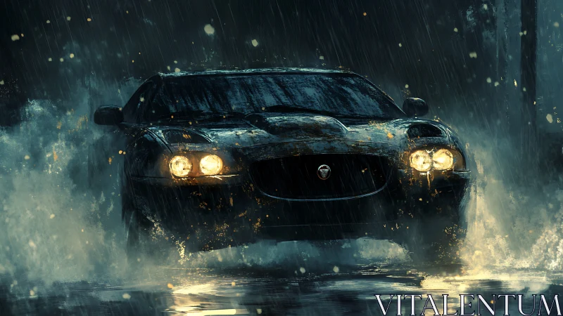 High-speed sports coupe cuts through rain-soaked urban roadway