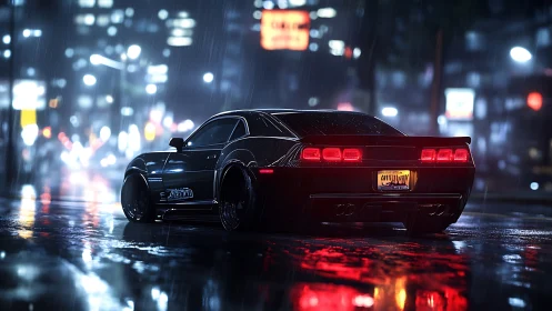 Midnight muscle car gliding through neon city rain.