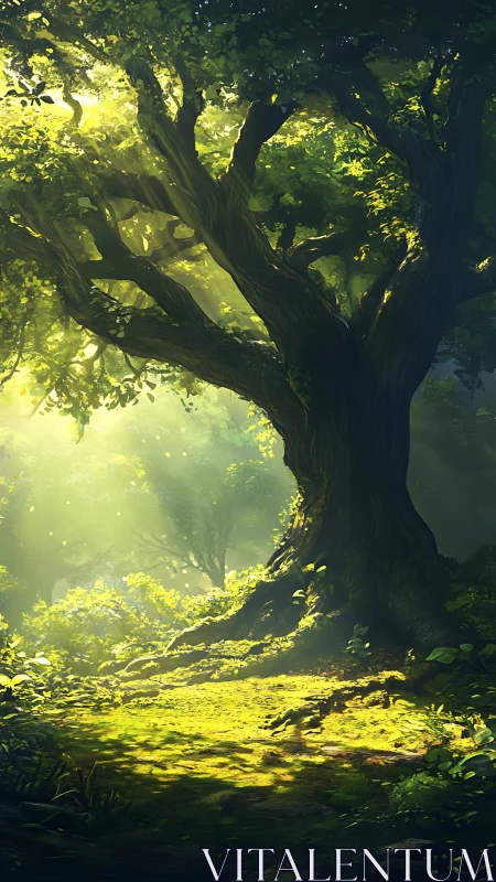 Radiant Ancient Tree Bathed in Golden Forest Light