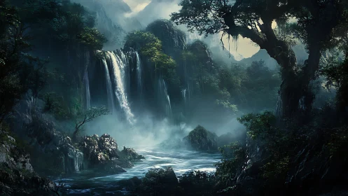 Luminous Cavern Waterfall: Atmospheric Digital Landscape.
