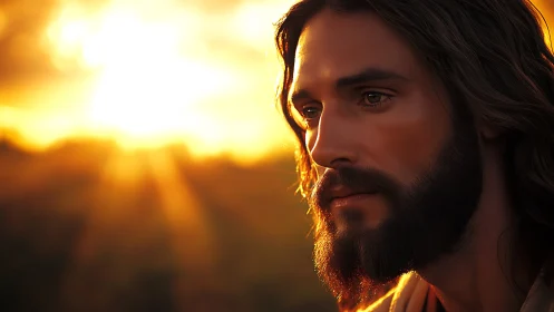 Sunlit prophet in quiet reverie before a burning horizon.