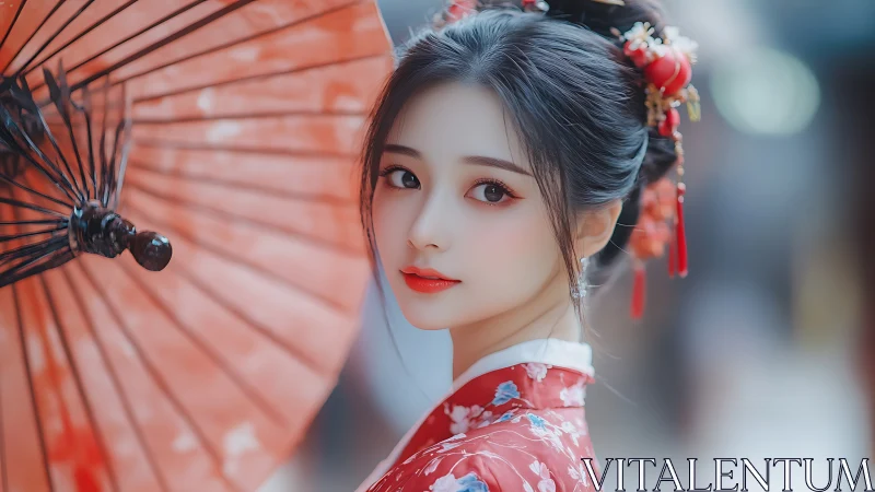 Young woman in floral kimono holding red paper umbrella.