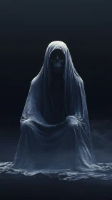 Digital painting of shrouded skeletal figure in voided chiaroscuro.
