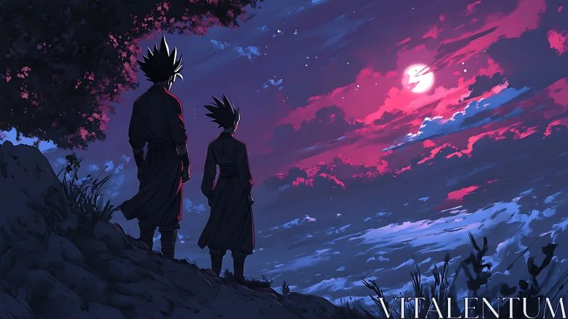 Silhouetted anime figures observing a vivid twilight sky.