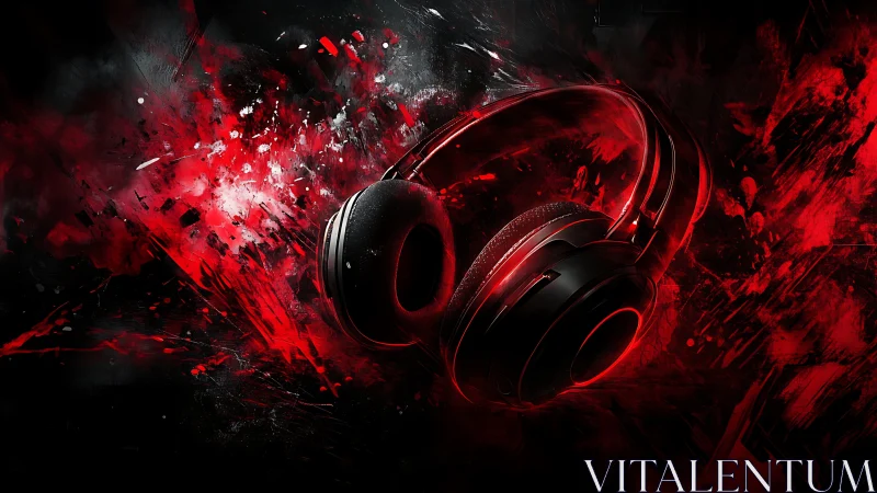 Headphones are rendered against abstract red and black background