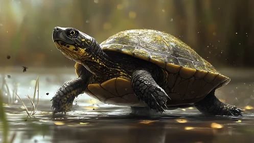 Golden-lit freshwater turtle crossing reflective shallows.