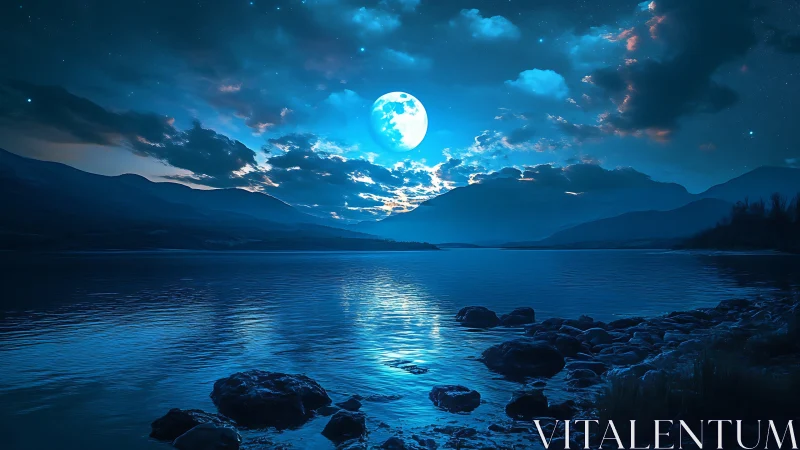 Blue moonlight bathes tranquil mountain lake horizon