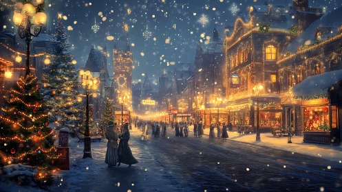 Victorian winter street under golden festive illumination.