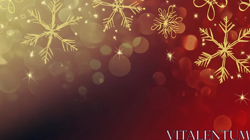 Golden snowflakes glow over soft red holiday bokeh background