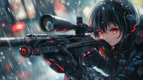 Cyberpunk sniper girl aims rifle through neon rain