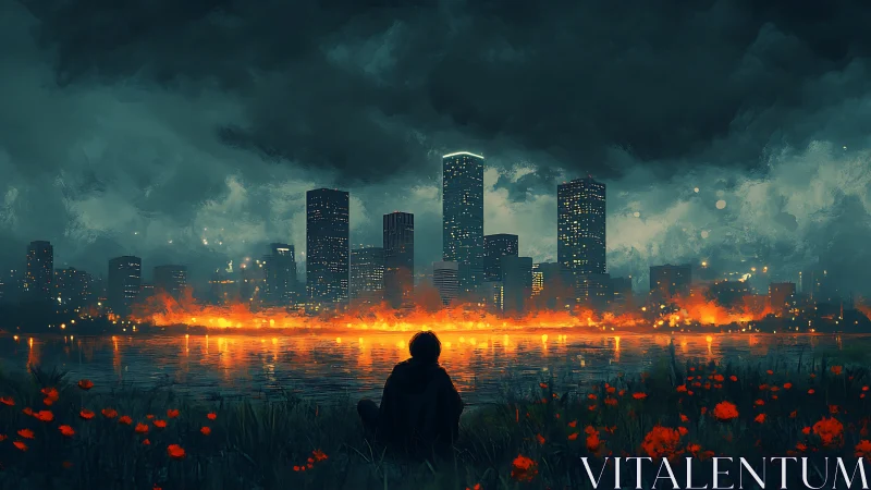 Lone figure watching burning city skyline across river.