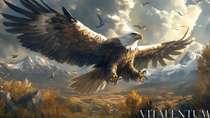 Majestic Bald Eagle in Flight Over Mountain Landscape, Digital Art.