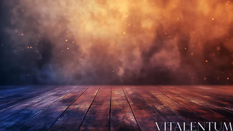 Empty wooden stage meets glowing orange misty backdrop