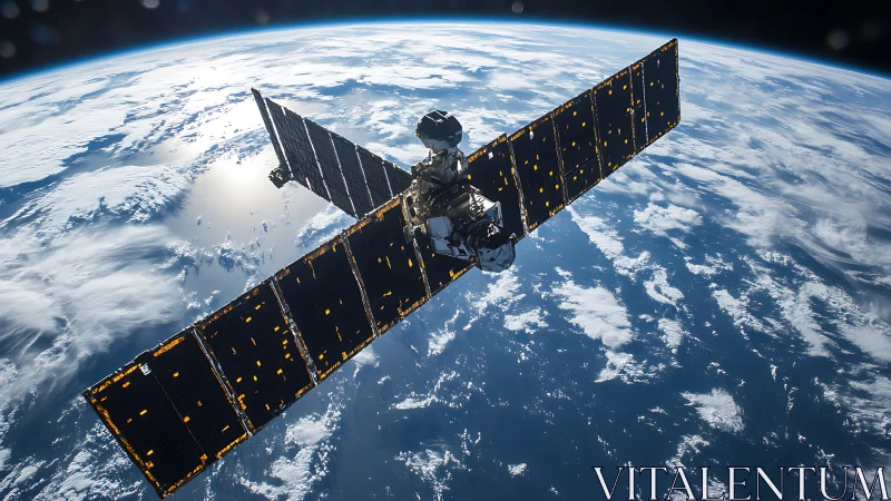 Solar-winged sentinel gliding over sunlit blue Earthscape.