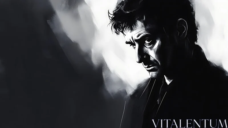 Moody monochrome portrait of man in dramatic lighting.