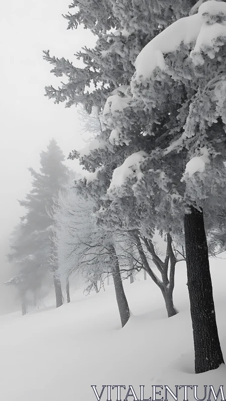 Snow-laden fir trees stand in a quiet winter fogscape.