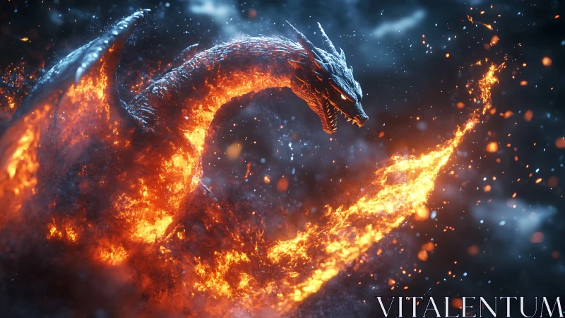 Volcanic plasma dragon exhaling high-energy flame jet field.