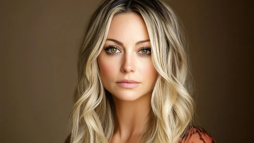 Soft-lit portrait captures serene blonde woman’s calm gaze.