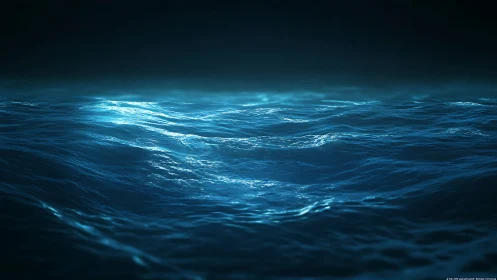 Bioluminescent mid-ocean swells under deep nocturnal sky