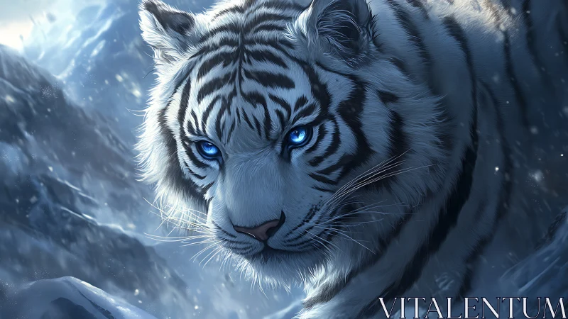 Ice-blue eyed white tiger stalks through frozen mountainscape.