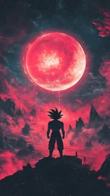 Silhouetted warrior under irradiated crimson astral sphere.