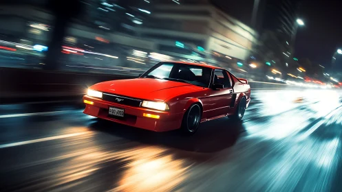 Retro red sports coupe racing through neon city streets.