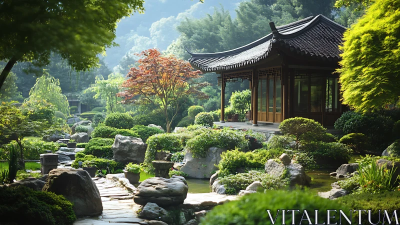 Quiet pavilion drifts in a sea of sculpted emerald garden.